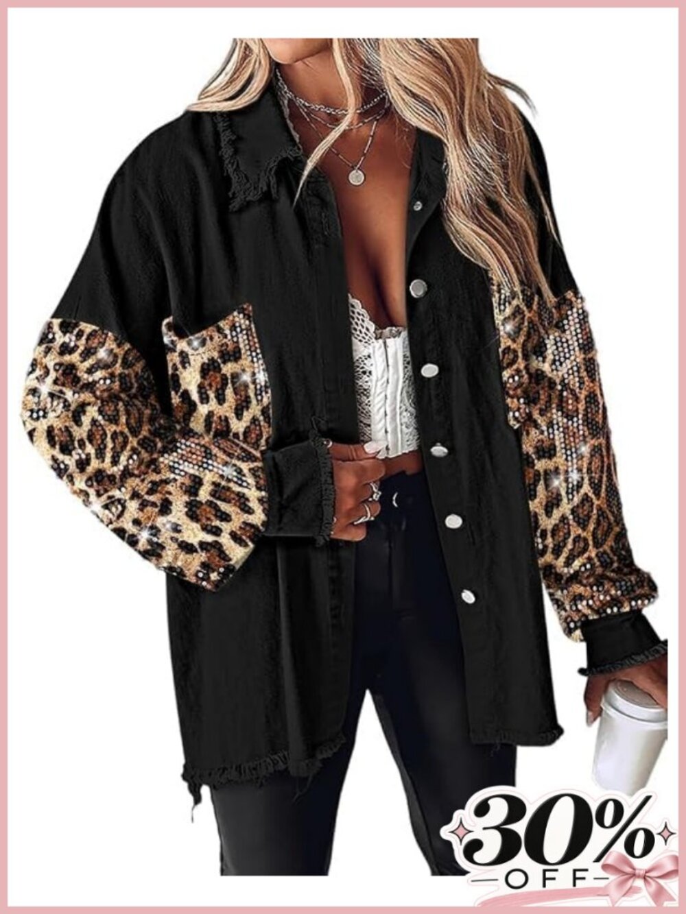 Oversized Sequin Shacket Denim Jacket Drop Shoulder Frayed Hem Fall Layer